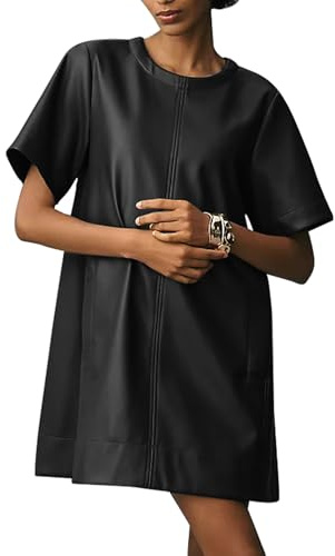 EZAPINE Women Faux Leather Mini Dress Short Sleeve Crew Neck A Line Flowy Swing PU Party Dress with Pockets Black