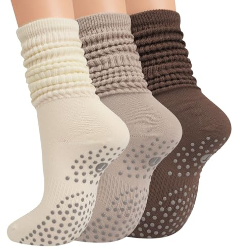 Horuru Grip Pilates Socks for Women, Yoga Slouch Socks with Grip for Barre Workout Hospital Long Scrunch Slipper Socks