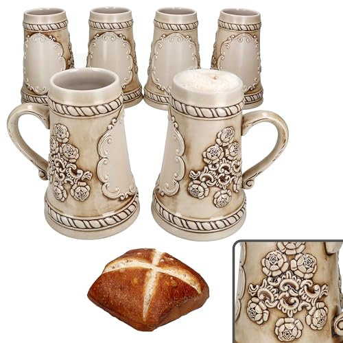 MamboCat Lot de 6 chopes à bière conique en céramique avec anse - 0,5 l - Beige/marron - Avec relief et plaque pour 6 personnes - Chope à bière au look vintage - Pour barbecue, fête de club