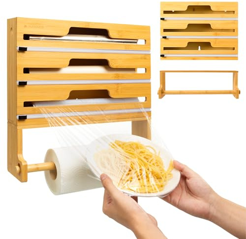 Navaris 4 in 1 Cling Film Dispenser with Cutter - Space Saving Kitchen Roll Storage and Foil Organiser - Bamboo Tin Foil Baking Paper and Clingfilm Holder with Paper Roll Holder