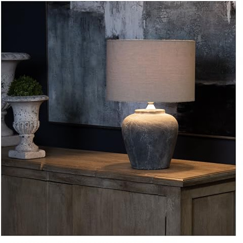 Wholesome Home Stone Table Lamp with Linen Shade, Dark Grey Base, 31 x 31 x 40 cm