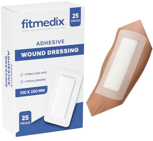 Adhesive Wound Dressings (100mmx200mm) - **Pack of 25** Sterile Dressings for Wounds, Cuts, Grazes, Diabetic Leg Ulcers, Venous Leg Ulcers & Small Pressure Sores- Hypoallergenic Plasters for Wounds