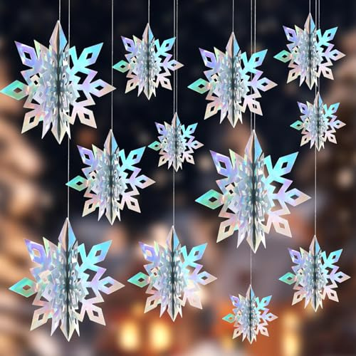 Copos De Nieve Decoracion, 12 Piezas En 4 Tamaños, Adornos De Copos De Nieve, para Decoración De Navidad, Invierno, para Ventana, Árbol Y Pared (Iridiscente)