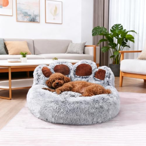 Grå 65 cm fluffig hundsäng kattsäng tvättbar varm hundkudde kattkudde mjuk söt björntassform hundsoffa, hundkorg, lång plysch, husdjurssäng för kattungar, små och medelstora hundar