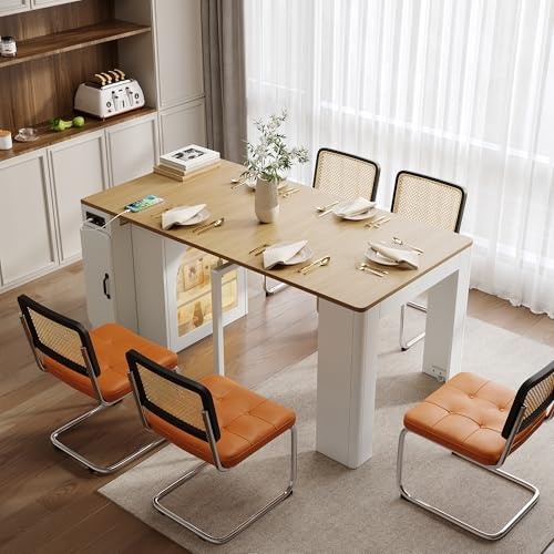 VIVCA Isla de cocina con ruedas, Mesa de comedor expandible con mesa extraíble, Carro de servicio móvil con enchufes, sirve como aparador, tablero lateral o mesa de bar para cocina y comedor (blanco)