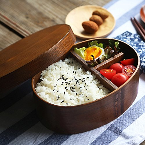 YJZQ Boîtes à Bento Japonais Porte Repas en Bois naturel Boîte à Déjeuner Conteneur Alimentaire avec compartiment amovible Lunch Boîte Portable Bento pour pique-nique