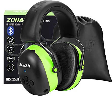 ZOHAN EM037 Bluetooth Hearing Protection,30dB SNR Noise Reduction Ear Protection with 1500mAh Rechargeable Battery,Headphones with 40H playtime for Mowing, Snowblowing, Construction,Workshops(Green)