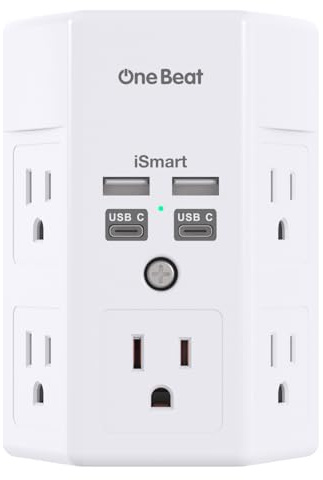 One Beat 1680J 3 Side Power Strip Multi Plug Expander, Surge Protector, 5 Outlets Extender, 4 USB Ports (USB C), Wall Mount Charger, Outlet Splitter Adapter for Home, Travel, Office, ETL Listed, White