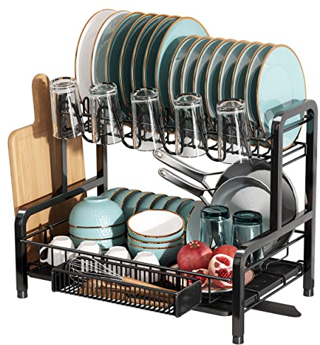 Boosiny Abtropfgestell Geschirr, 2-stöckiges Edelstahl-Geschirrabtropfgestell mit Abtropfschale, Geschirr Abtropfständer mit Tassenständer, Geschirrtrockner für Küchentheke, Schwarz