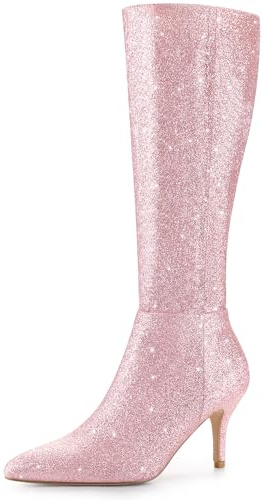 Allegra K Bottes hautes pour femmes à bout pointu scintillant scintillant et talon aiguille Rose 37.5