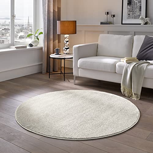 TacaHome Kurzflor Teppich Designer I Flauschiger Flachflor fürs Wohnzimmer, Esszimmer, Schlafzimmer oder Kinderzimmer | 120 cm rund Natur Weiß