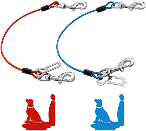 Mi Metty Cintura Sicurezza Cani Auto,cintura per cani auto in filo d'acciaio a prova di masticazione,per con doppia clip e fissaggio di bloccaggio (24 inch/60cm, Rosso+Blu)
