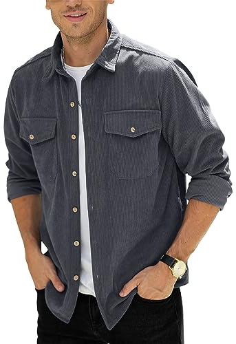 Mens Button Down Shirts Corduroy Shirts Coat Jackets Casual Vintage Shirts Long Sleeves with Chest Pocket Dark Grey L