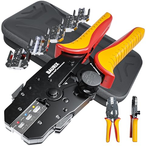BAURIX® Set di Pinza Crimpatrice con 6 Ganasce Intercambiabili, Crimpatrice Capicorda, Crimpatrice Puntalini Elettrici, Pinza Faston e Altro, Set Pinze Crimpatura Professionali o per il Fai da te