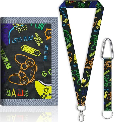 JONYEE Kids Wallet for Boys and Girls 4-16 with Lanyard and Key Chain Holder, Trifold Camo and Cute Wallets for Kids,with Coin and Card Pockets, Novelty Birthday Gifts for Childrens(Black Letters)