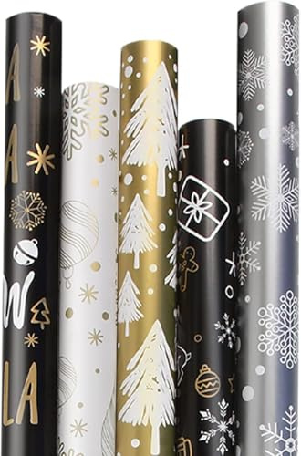DERAYEE 5 Rotoli Carta da Regalo Natale,43 cm X 3 m Per Rotolo,Carta Riciclabile per Confezione Regalo di Natale