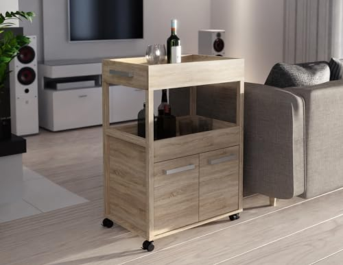 Forte Home BAR Barschrank 60, Barschrank mit Rollen und 2 Türen, Barmöbel, Wohnzimmer, Heimbar, Minibar, Holzwerkstoff, Sonoma Eiche Holzdekor, 60 cm breit x 88,5 cm hoch x 40 cm tief