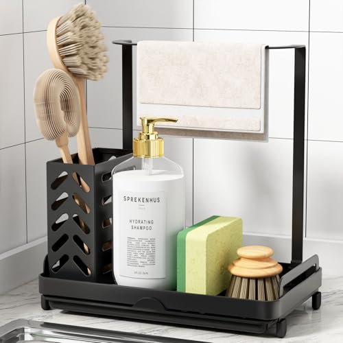 Kitsure Küchen Organizer - Spülbecken Organizer aus Edelstahl, Multifunktionaler Organizer Küchen mit Abnehmbarer Auffangwanne, Schwammhalter Küche, 22.0cm x 13.6cm x 22.7cm, Schwarz