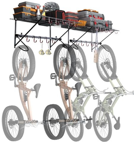 VEVOR Support de rangement pour vélo, 1600 mm, 4 porte-vélos avec 2 étagères, organisateur maison et de garage, charge 226,8 kg, support mural réglable personnalisable pour différentes tailles de vélo