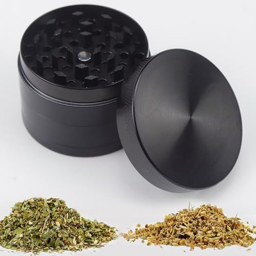Raxfekro Macinapepe Premium Grinder Spezie Macina 4 Pezzi Grinder Metallo per Erba con Setaccio per Polline Coperchio Magnetico e Raschietto (Nero)