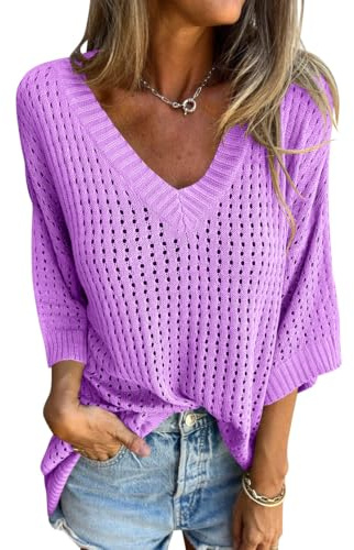 shownicer Chandails en Crochet à Manches pour Femmes Col en V Manches Longues Hauts d'été en Tricot Ajouré Slim Fit Top Chic et Elegant Sweatshirts
