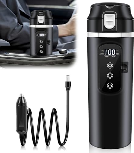 Auto-Heizbecher 500ml, 12V/24V Auto Wasserkocher mit LCD-Anzeige, 45-100W Tragbare Heizung Reise Wasserkessel mit temperatureinstellung, Anti-Trockenbrand-Schutz Schnell kochende Flasche