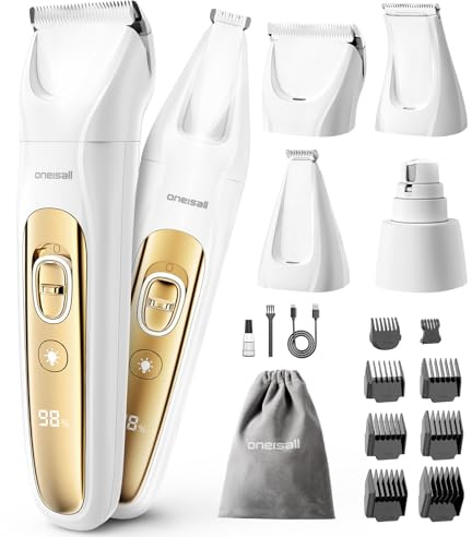 oneisall Tondeuse pour Chien Professionnelle Sans Fil pour Animaux, Tondeuse à Poil Long Epais avec Lumière LED (Or, 4-en-1)