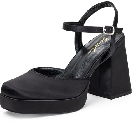 GENSHUO Zapatos de Plataforma Mujer Punta Cuadrada Tacón Bloque 10 cm Sandalias con Correa de Tobillo Elegantes para Boda Fiesta Oficina, Satén Negro, 40 EU