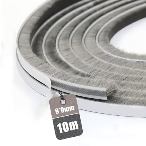 Vingspina Guarnizione a Spazzola Autoadesiva 10M(L) x 9mm(W) x 9mm(D), Antipolvere, Antivento, Riduzione del Rumore, Paraspifferi Spazzola Per Porte, Finestre, Armadi, Grigio