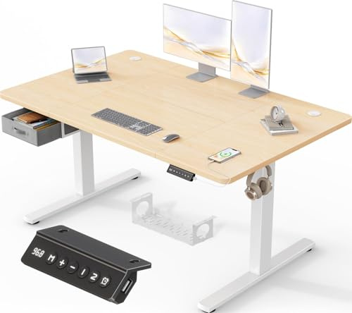 Devoko Bureau Assis Debout électrique réglable en Hauteur 140 x 80 cm avec tiroirs, Port de Charge USB-A d'ordinateur avec Plateau de Gestion des câbles sur Pied avec 3 Fonctions mémoire Beige