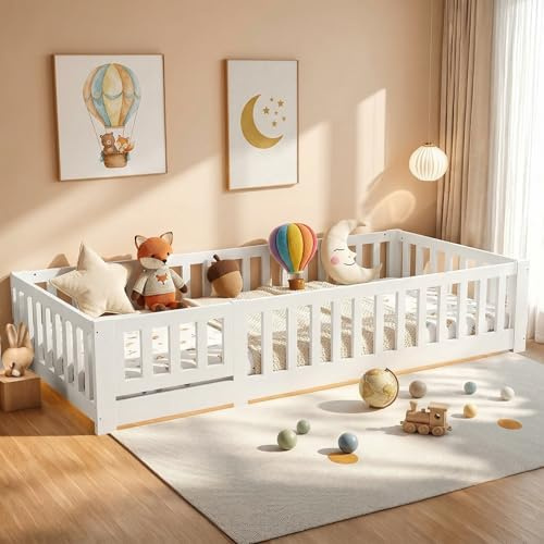 ZSSWSS Lit de sol 90 x 200 cm, Montessori avec protection anti-chute et sommier à lattes, lit pour enfant à barreaux, lit simple, en pin massif, blanc (blanc A, 90 x 200 cm)