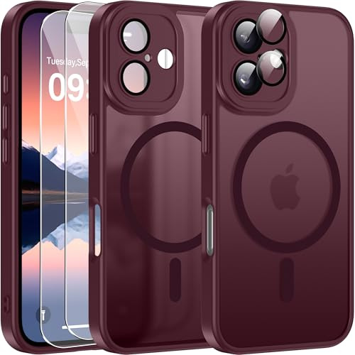 Opkiegrn für iPhone 16 Hülle, Kompatibel mit MagSafe mit 2 Stück Panzer Schutz Glas Folie, KameraSchutz Folie Stoßfest Kratzfest Transluzente Matt Handyhülle für iPhone 16, Weinrot