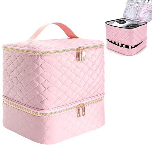 Gykutix Maletin Manicura Organizador Esmaltes Uñas de Doble Capa, Portátil Maletin Uñas Organizador Pintauñas para 30 Frascos, Lámpara de Uñas y Aceesorios(Rosa)