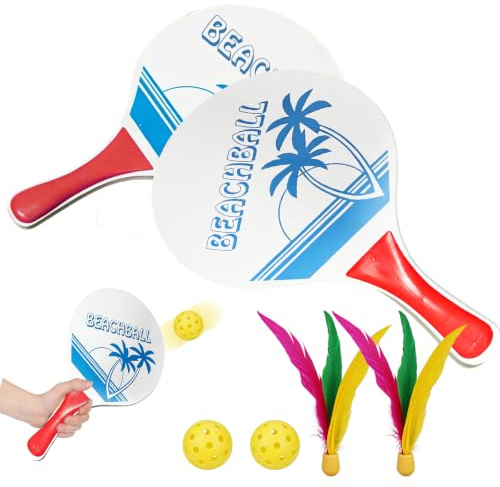 Shyllin Set de Beachball, 2 Raquettes, 2 Peak Ball, 2 Volants, Raquettes de Plage en Bois Raquettes,Parfait pour Une Fête de Jeux de Plage et de Jardin en Famille