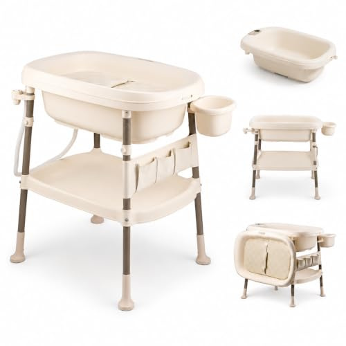 TODOT Table à Langer avec Baignoire Bébé 3 en 1, Hauteur Réglable, Thermomètre Digital Intégré, Station de Change Pliable avec Rangement, Tuyau de Vidange, Charge Max 25kg, 0-36 Mois