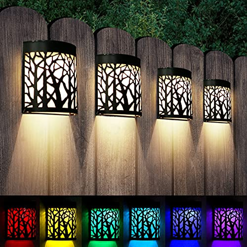 DenicMic Solar Wall Lights Outdoor Wall Sconce Fence Lighting for Patio Front Door Yard Deck Stair Led Forest Decorative Lamps, Waterproof, Warm White Color Changing (4 Pack)