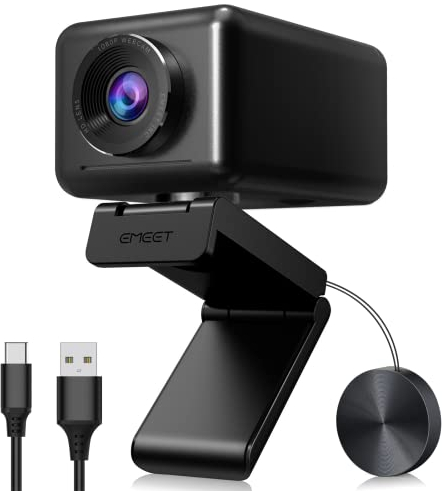 EMEET 1080P HD Webcam, Streaming Webcam mit 4 De-Noise Mikros, Smart KI Fokus & Low-Light Korrektur, einstellbare FOV, Privacy Cover, Plug&Play USB-C Webcam für YouTube, Gaming Twitch, PC/Mac-Jupiter