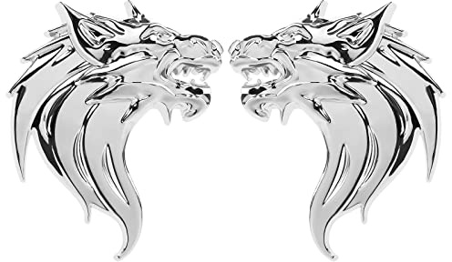 VGOL Une Paire 3D Métal Autocollants de Voiture Tête de Loup Autocollant Emblème Badge Réfléchissant Moto Auto Décoration Autocollants Pare-Brise Décoration Argent Brillant