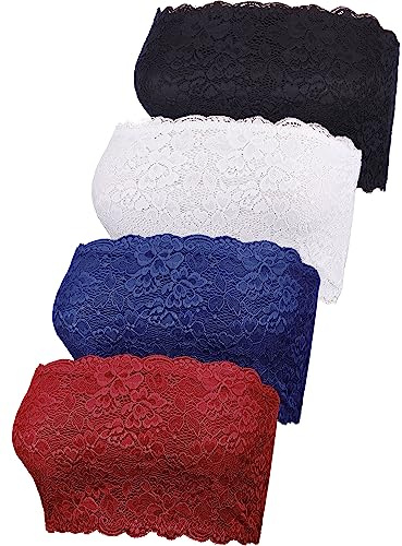 Boao 4 Pieces Women Lace Bandeau Bra Tube Top Cleavage Cover Elastic Strapless No Sponge Pad No Underwire Bra for Daily Favor(X-Large,Black, White, Navy Blue, Wine Red)