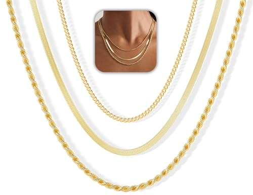 Freekiss Gold Herringbone Necklace for Women: Layered Chain Necklaces Dainty 14k Gold Plated Snake Cuban Rope Choker Necklace Stack Simple Chunky Womens Jewelry Gift