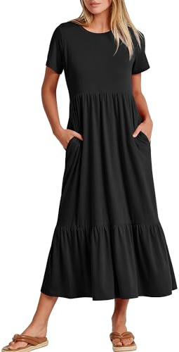 ANRABESS Womens 2025 Summer Casual Maxi Dress A line Tiered Flowy Short Sleeve Crewneck T Shirt Beach Travel Long Dresses Black Large