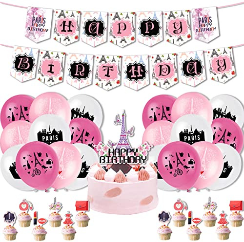 Paris-festdekorationer – Eiffeltornet med födelsedagstema ballongbanderoller, cupcake topper för flickor, bröllop, baby shower – romantiska fotobåsleverantörer