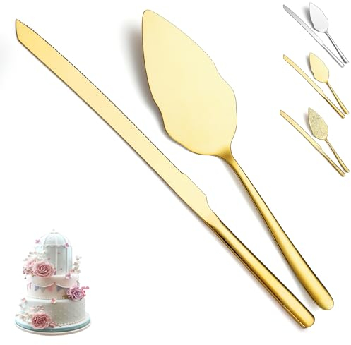 Evanda Coltello per torta nuziale in oro e set di server 2 pezzi, fetta di torta in acciaio inossidabile placcato oro titanio e server per matrimoni, feste, compleanni, lavabili in lavastoviglie