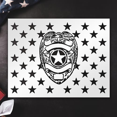 Police Badge and 50 Star Flag Stencil 8.5 x 11 Inch Reusable Plastic Painting Template for Signs Posters Glass and Fabric