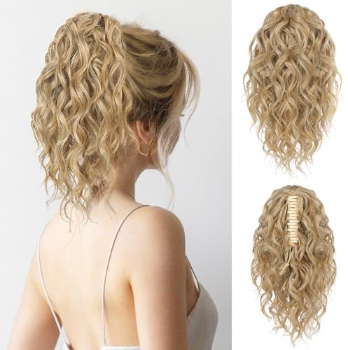 FLUFYMOOZ Ponytail Extension, 12 Short Claw Ponytail Extension Wavy Curly Jaw Clip in Pony tails Hair Extension Natural Synthetic Hairpiece for Women (Golden Blonde with Highlights)