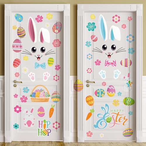 Kajaia 4 Pcs Happy Easter Door Stickers Refrigerator Easter Flower Egg Bunny Rabbit Wall Decals Colorful Door Decals Party Decorations for Window Home Office School Front Porch Spring Holiday