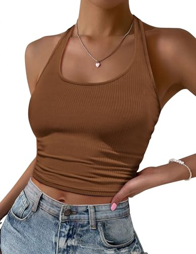 Ekouaer Debardeur Femme Crop Top Chic Et Élégant Ete Mode Dos Nu Sport Top Femme Côtelé Tricoté Debardeur, Brun, XXL