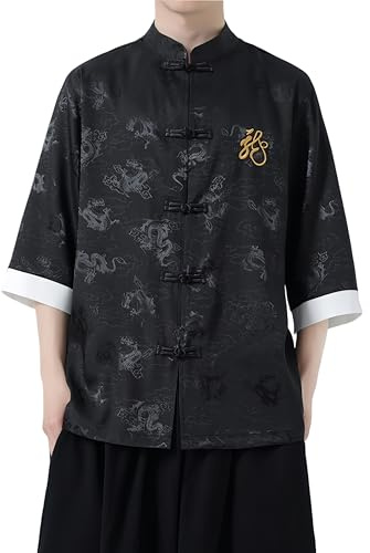 WQHANFU Men's Short Sleeve Tang Suit Shirt Chinese Traditional Ice Silk Shirts Casual for Men Kung Fu Shirt(Black,3X-Large)