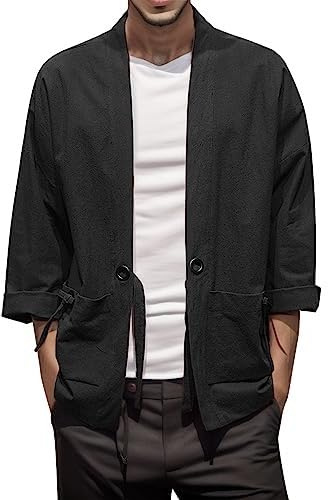 LLECDASEUI Vintage kimono kofta bomull linne omlott framsida japansk Jinbei Haori jacka lös passform enfärgad Hanfu-topp