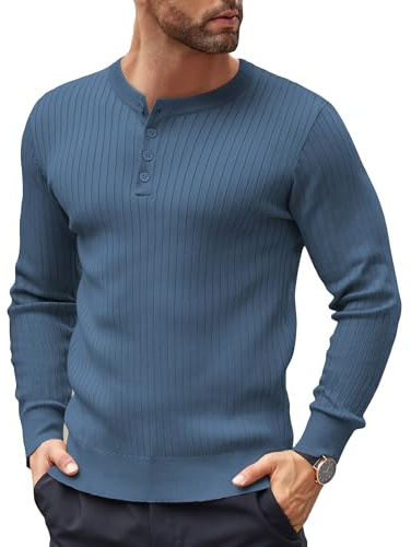 COOFANDY Herren Pullover Henley Shirt Strickpullover mit Knopfleiste Männer Langarmshirt Pulli Slim Fit Dunkelblau M